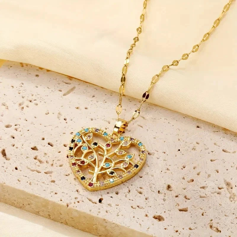 ✨ Damen Halskette Herz Lebensbaum 🌳💖 Gold Anhänger mit bunten Kristallen 💎