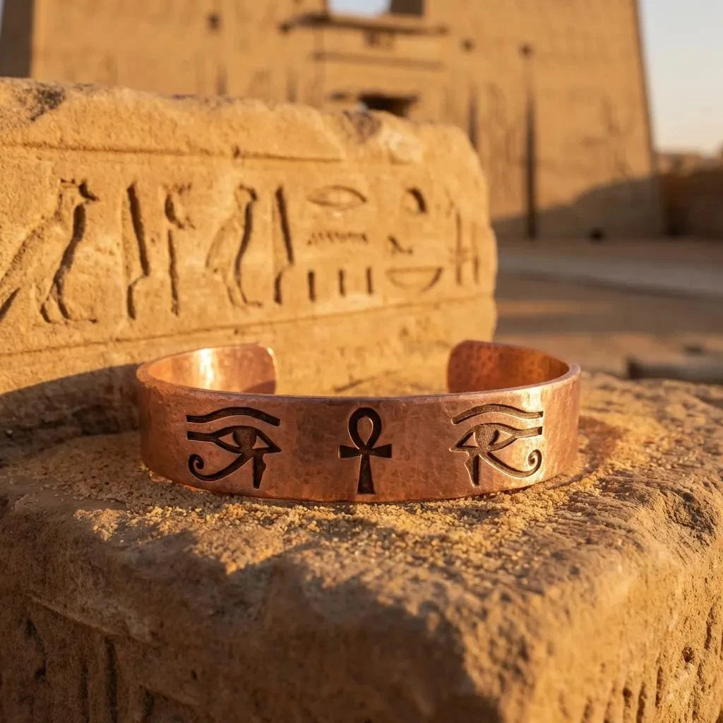 Pure Copper Spiritual Ankh &amp; Eye of Horus Cuff - Handmade Boho Gift