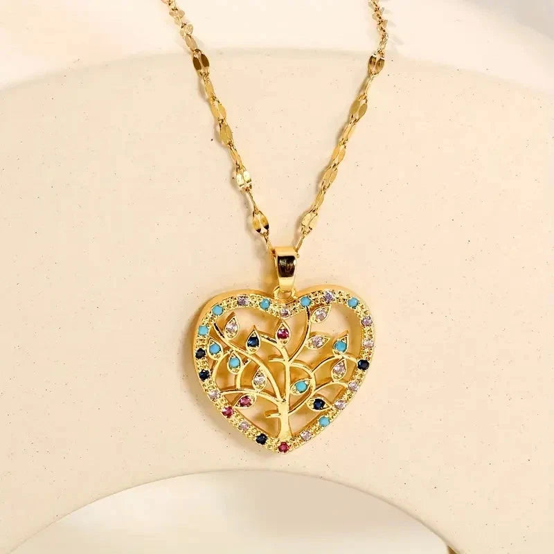 ✨ Damen Halskette Herz Lebensbaum 🌳💖 Gold Anhänger mit bunten Kristallen 💎