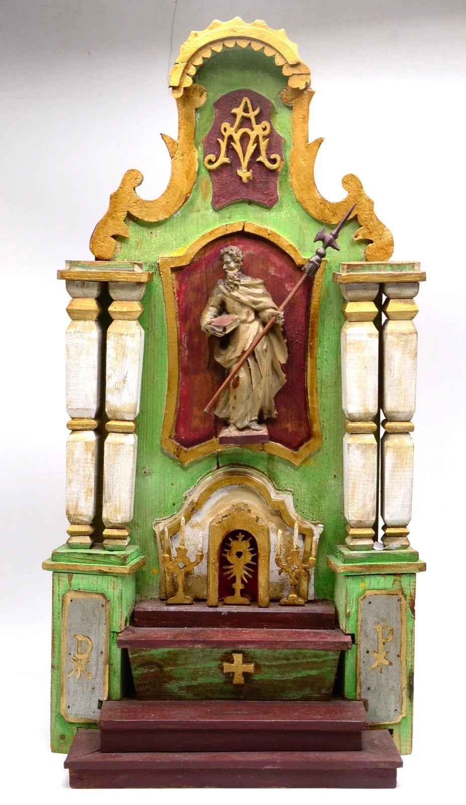 ANTIKER ALTAR Hausaltar Barock geschnitzt Heiligenfigur Monstranz gefasst 70cm