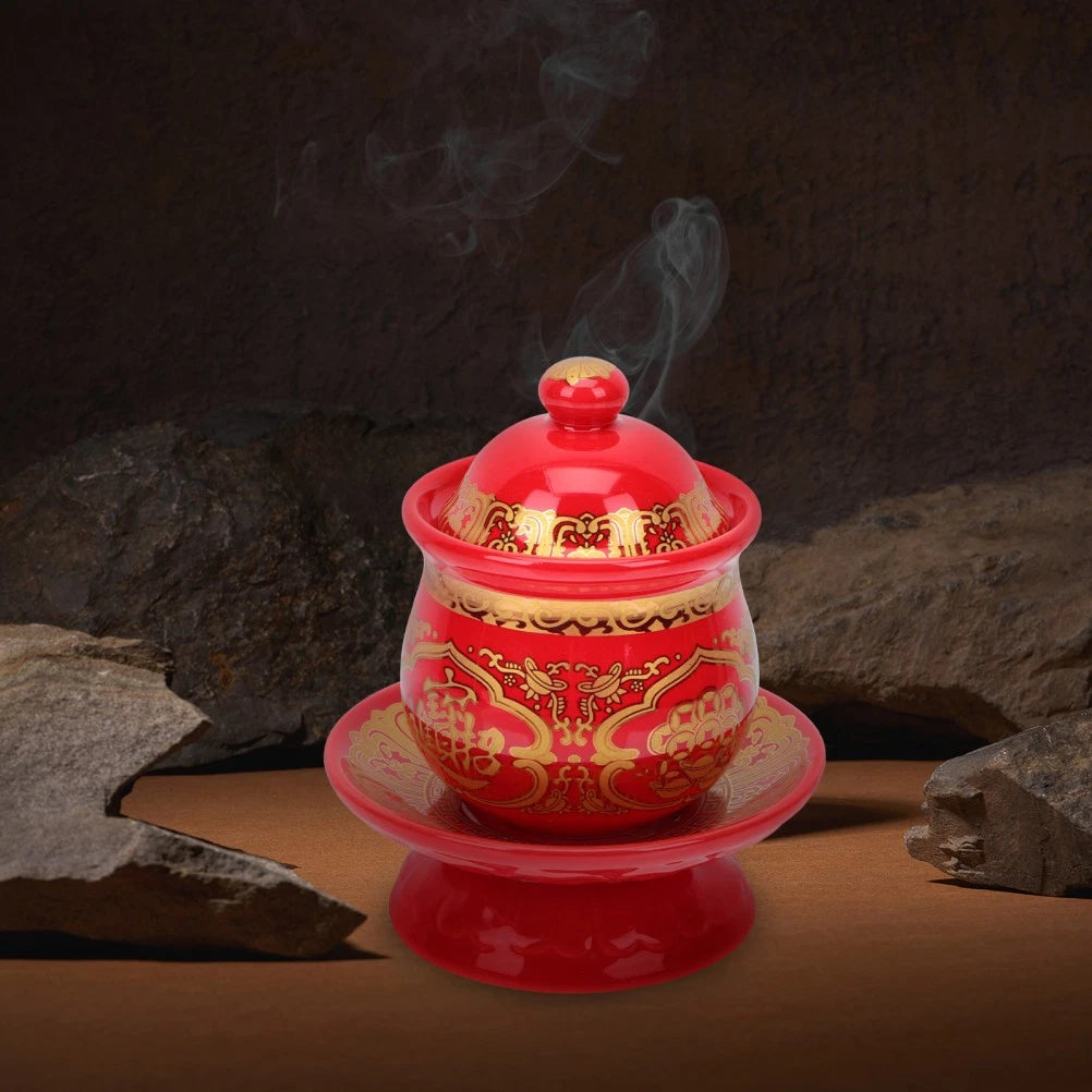 1 Stück Keramik-Wasser<wbr/>becher mit Deckel, Buddha-Anbetun<wbr/>g, Tempel-Versorg<wbr/>ung