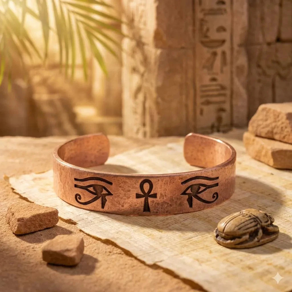 Pure Copper Spiritual Ankh &amp; Eye of Horus Cuff - Handmade Boho Gift