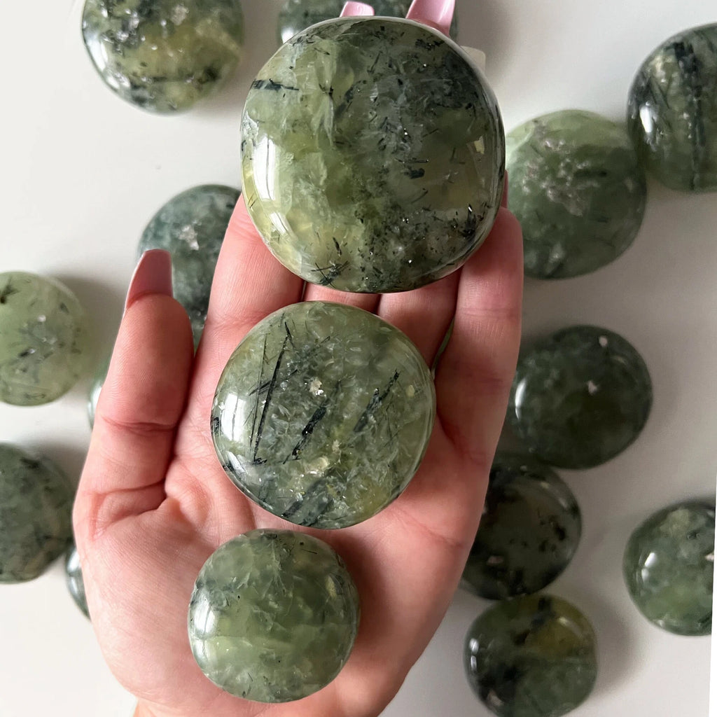 INNER KNOWING Prehnite round Palm Stone | UFO Crystal | Aura Cleansing | Prophet