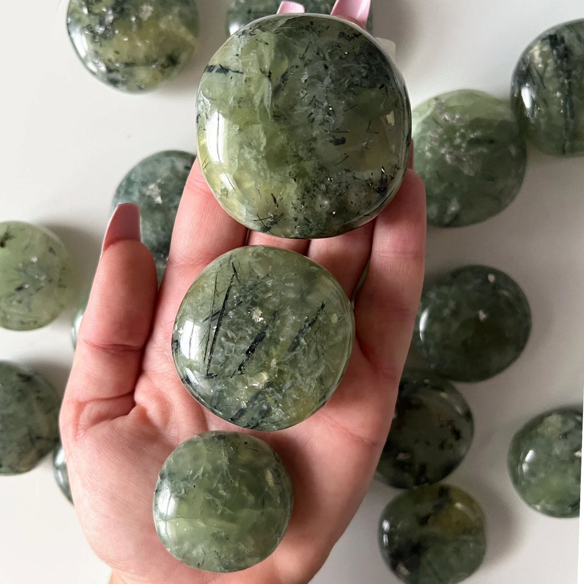 INNER KNOWING Prehnite round Palm Stone | UFO Crystal | Aura Cleansing | Prophet