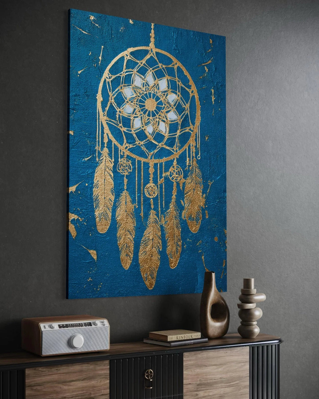 Modernes Wandbild Traumfänger Gold Blau Leinwand Bild Boho-Stil Ethno-Look Deko
