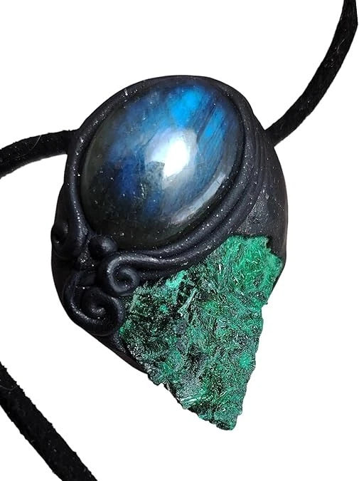 Shamanic Tool Malachite Pendant Necklace w Labradorite Shaman Crystal Jewelry