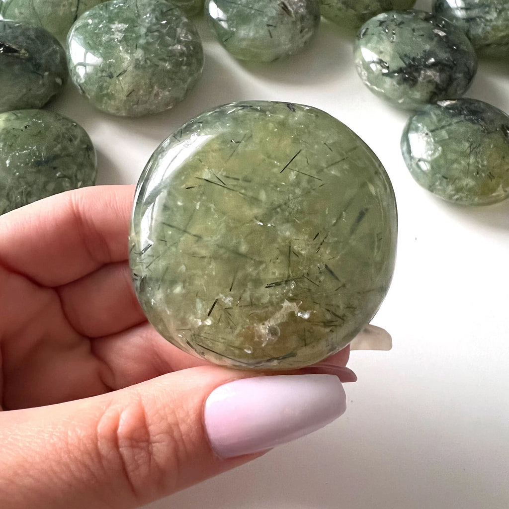 INNER KNOWING Prehnite round Palm Stone | UFO Crystal | Aura Cleansing | Prophet