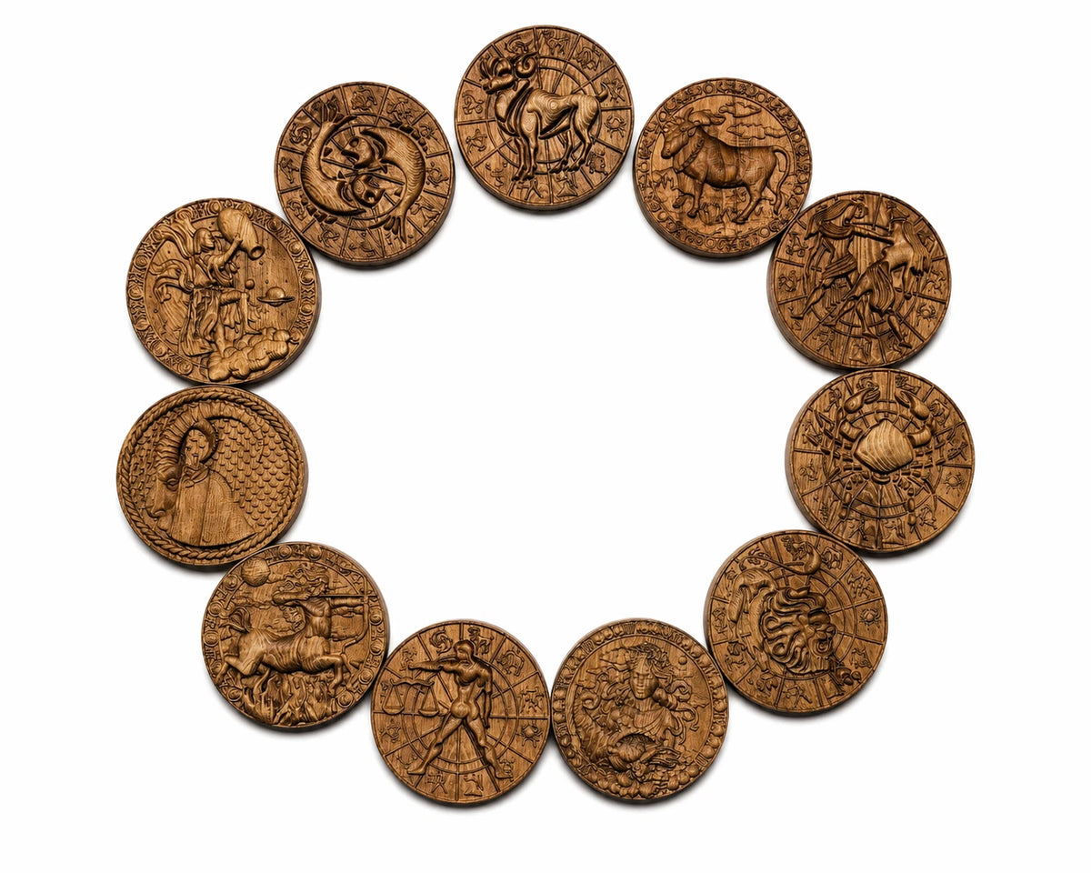 Handmade Zodiac Signs Wall Art Set Wood Carving Astrology Decor 12 Horoscope