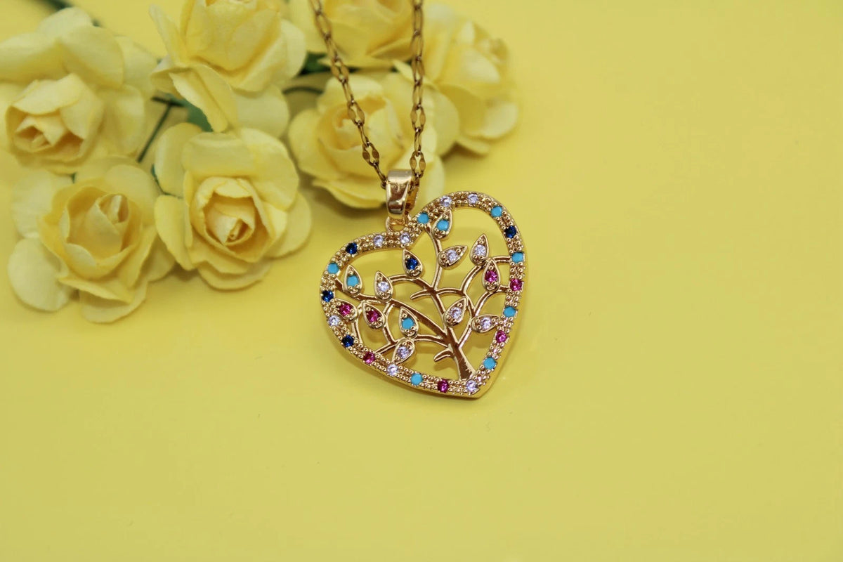 ✨ Damen Halskette Herz Lebensbaum 🌳💖 Gold Anhänger mit bunten Kristallen 💎