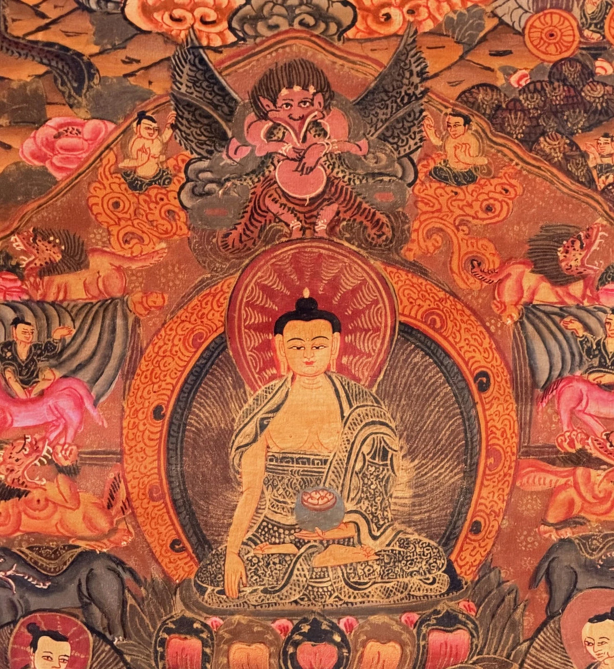 BUDDHA LIFE STORY MANDALA HAND PAINTED TIBETAN THANGKA - OIL VARNISHED ART