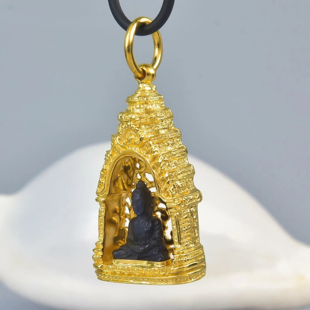 Buddha Image Gold Vermeil Sterling Pagoda Black Tektite Pendant Amulet 15.74 g