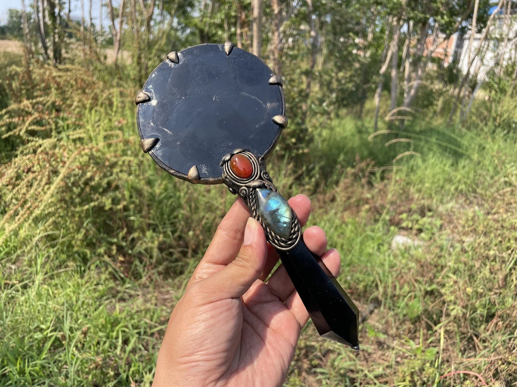 Handheld Obsidian Scrying Mirror Wand with Labradorite, Crystal Divination Tool