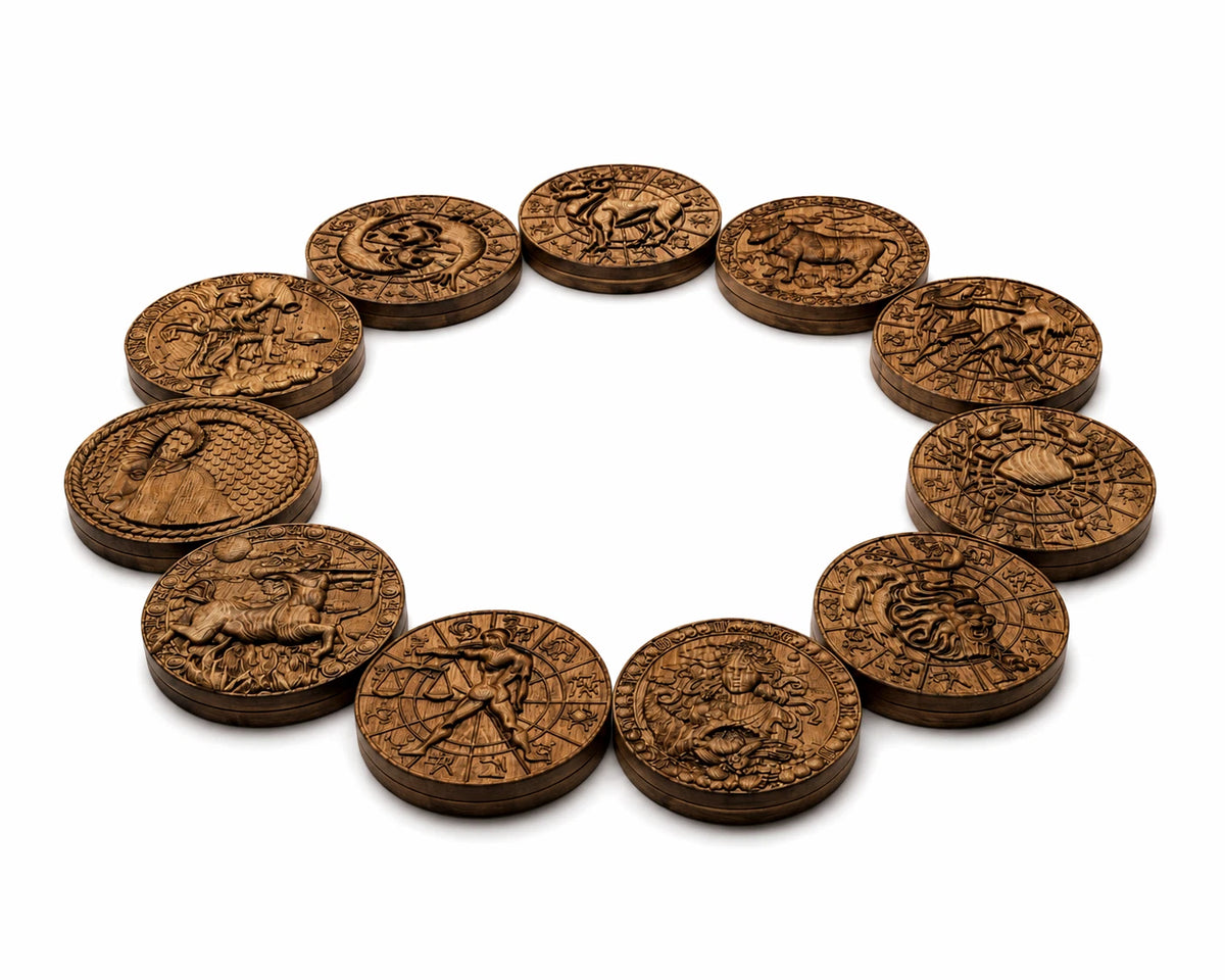 Handmade Zodiac Signs Wall Art Set Wood Carving Astrology Decor 12 Horoscope