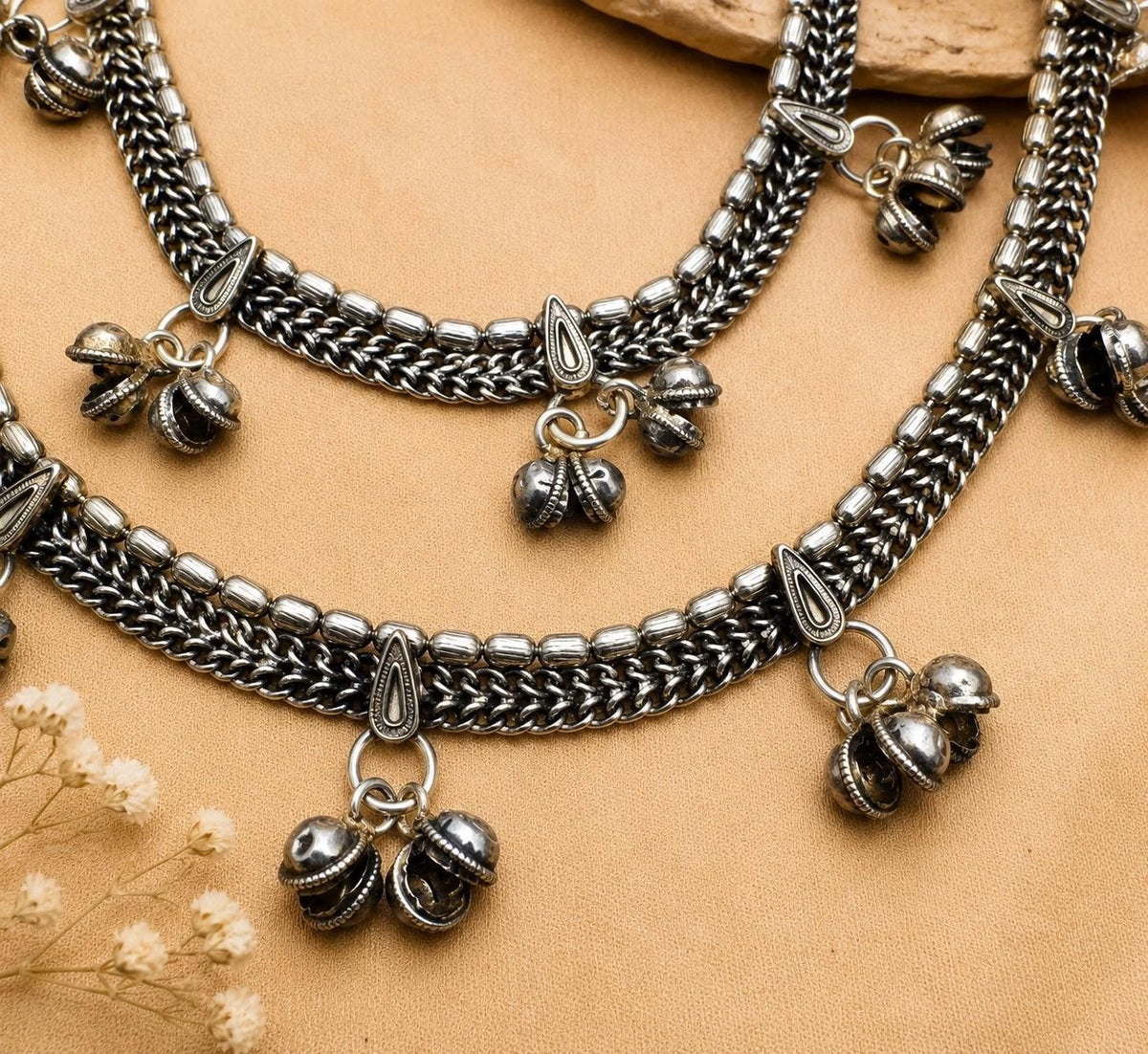 Boho Ankle Bracelet Oxidized Silver Anklet Pair | Traditional Payal with Bells