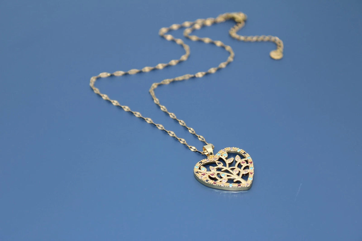 ✨ Damen Halskette Herz Lebensbaum 🌳💖 Gold Anhänger mit bunten Kristallen 💎
