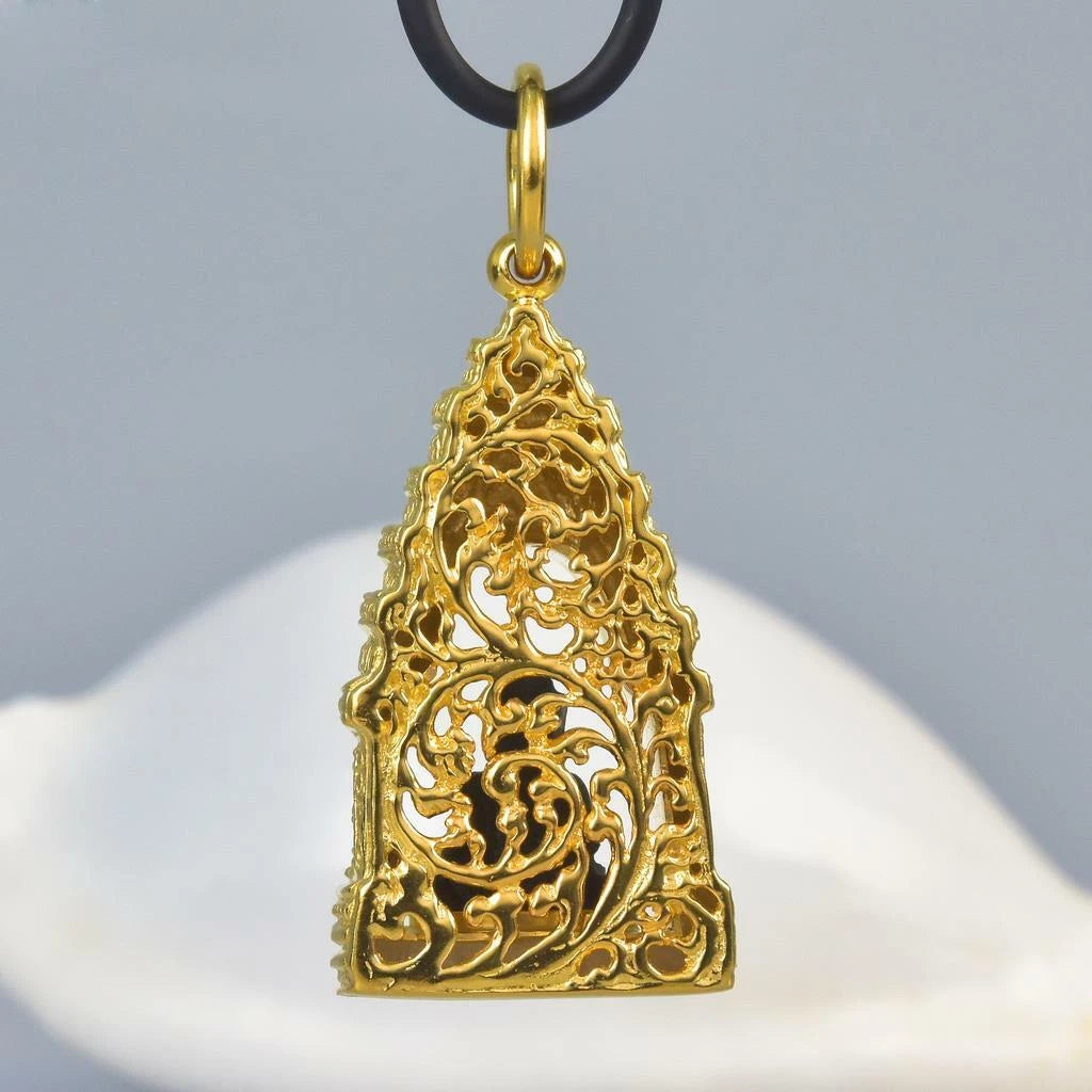 Buddha Image Gold Vermeil Sterling Pagoda Black Tektite Pendant Amulet 15.74 g