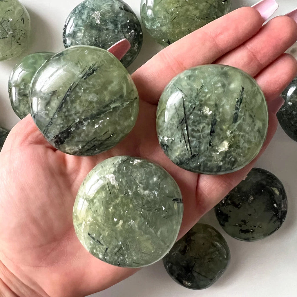 INNER KNOWING Prehnite round Palm Stone | UFO Crystal | Aura Cleansing | Prophet