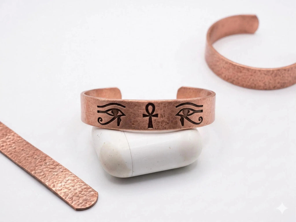 Pure Copper Spiritual Ankh &amp; Eye of Horus Cuff - Handmade Boho Gift