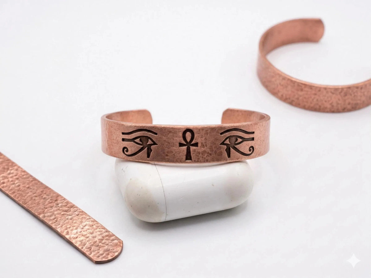 Pure Copper Spiritual Ankh &amp; Eye of Horus Cuff - Handmade Boho Gift