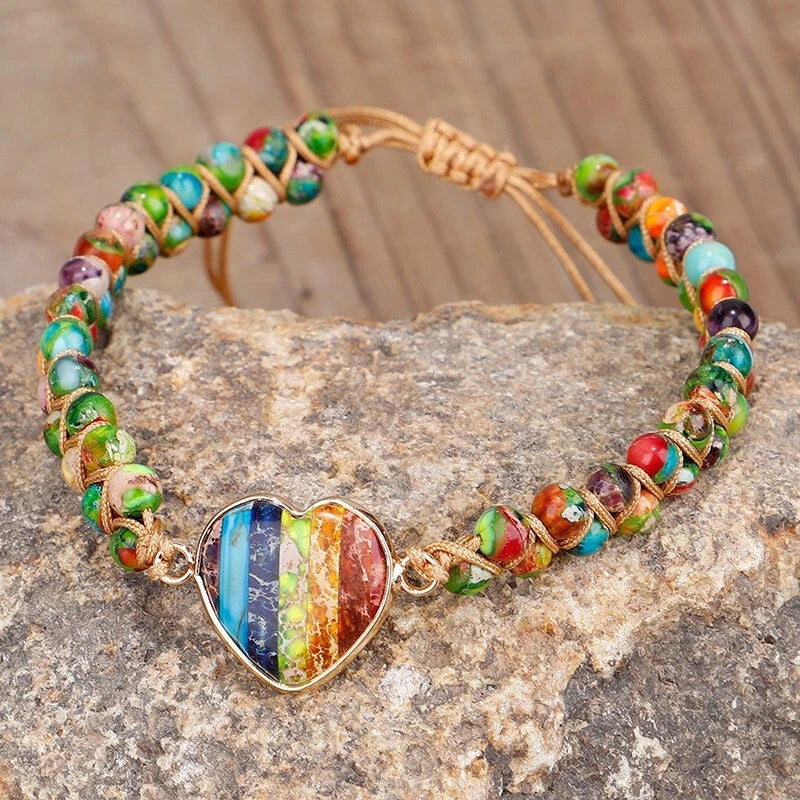 7 Chakra Handmade Braided Heart Charm Sea Sediment Healing Reiki Bracelet Gifts