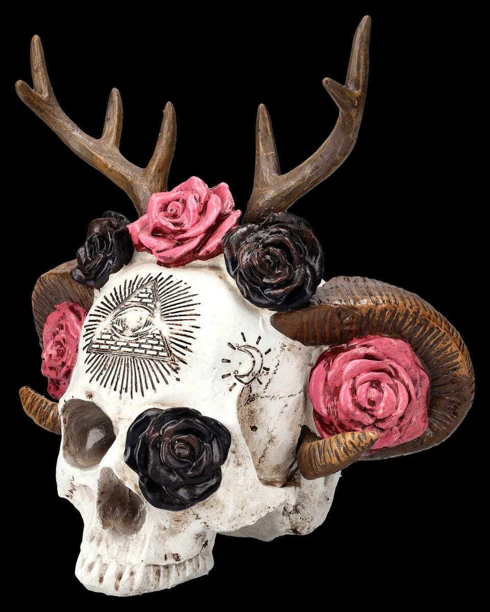 Totenkopf Figur - Wicca Schädel mit Geweih - Gothic Spirituell Magische Deko