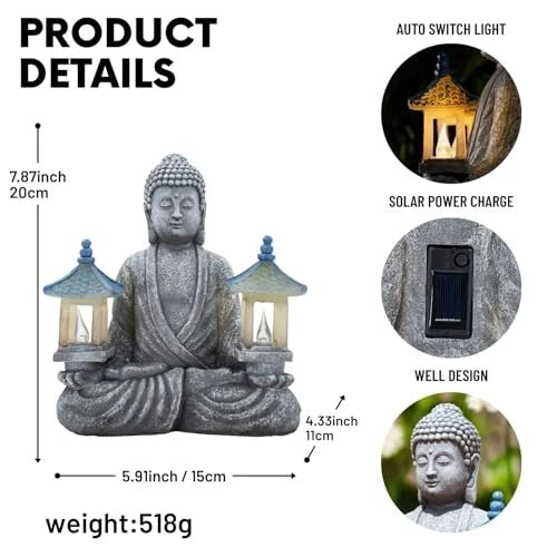 Solar Buddha Statue Zen Garden Decor Two Pavilions Textured Resin 8.46"H Outdoor