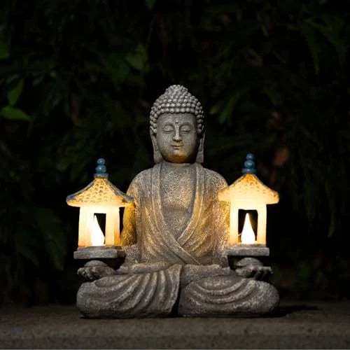 Solar Buddha Statue Zen Garden Decor Two Pavilions Textured Resin 8.46"H Outdoor