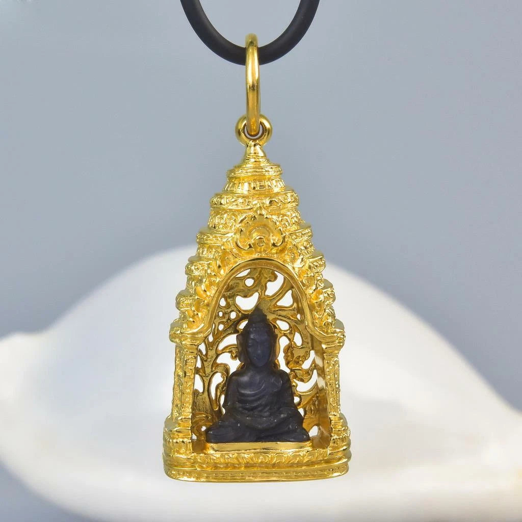Buddha Image Gold Vermeil Sterling Pagoda Black Tektite Pendant Amulet 15.74 g