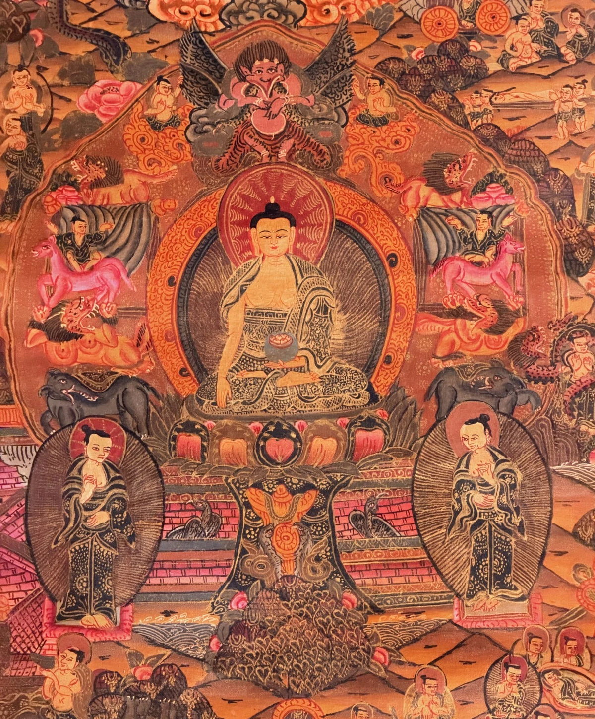 BUDDHA LIFE STORY MANDALA HAND PAINTED TIBETAN THANGKA - OIL VARNISHED ART