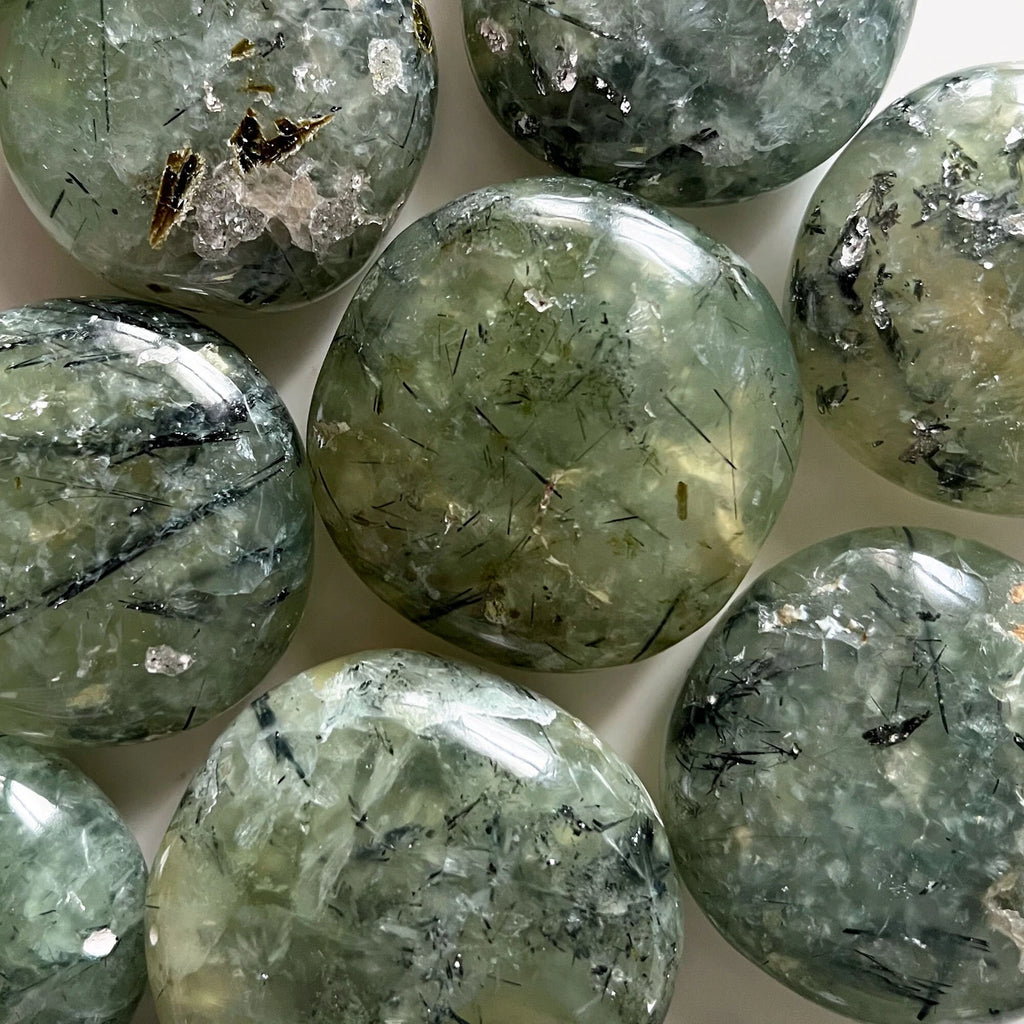 INNER KNOWING Prehnite round Palm Stone | UFO Crystal | Aura Cleansing | Prophet