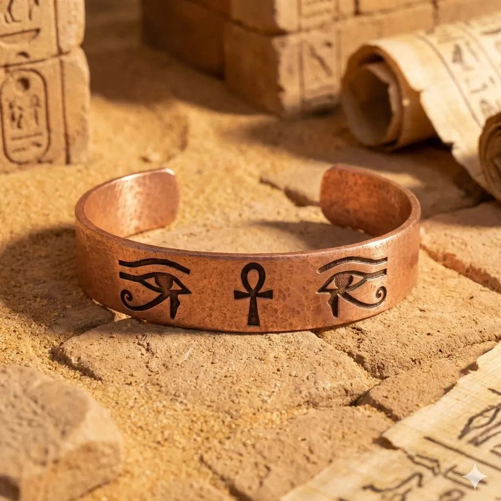 Pure Copper Spiritual Ankh &amp; Eye of Horus Cuff - Handmade Boho Gift
