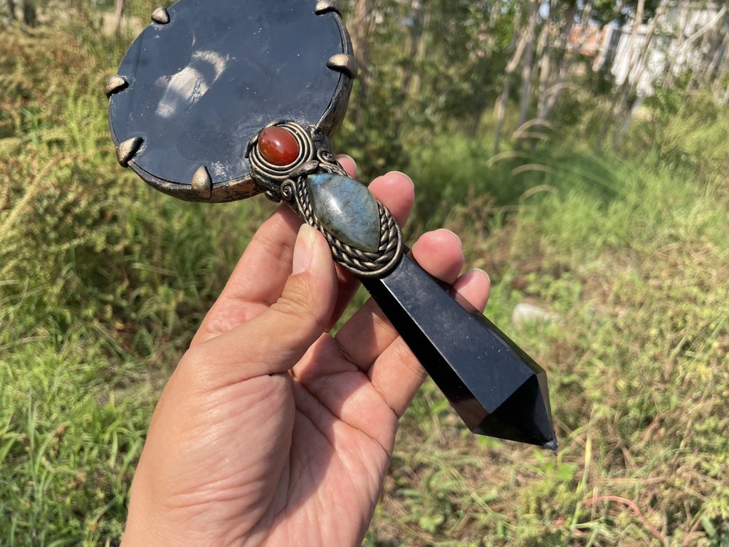 Handheld Obsidian Scrying Mirror Wand with Labradorite, Crystal Divination Tool