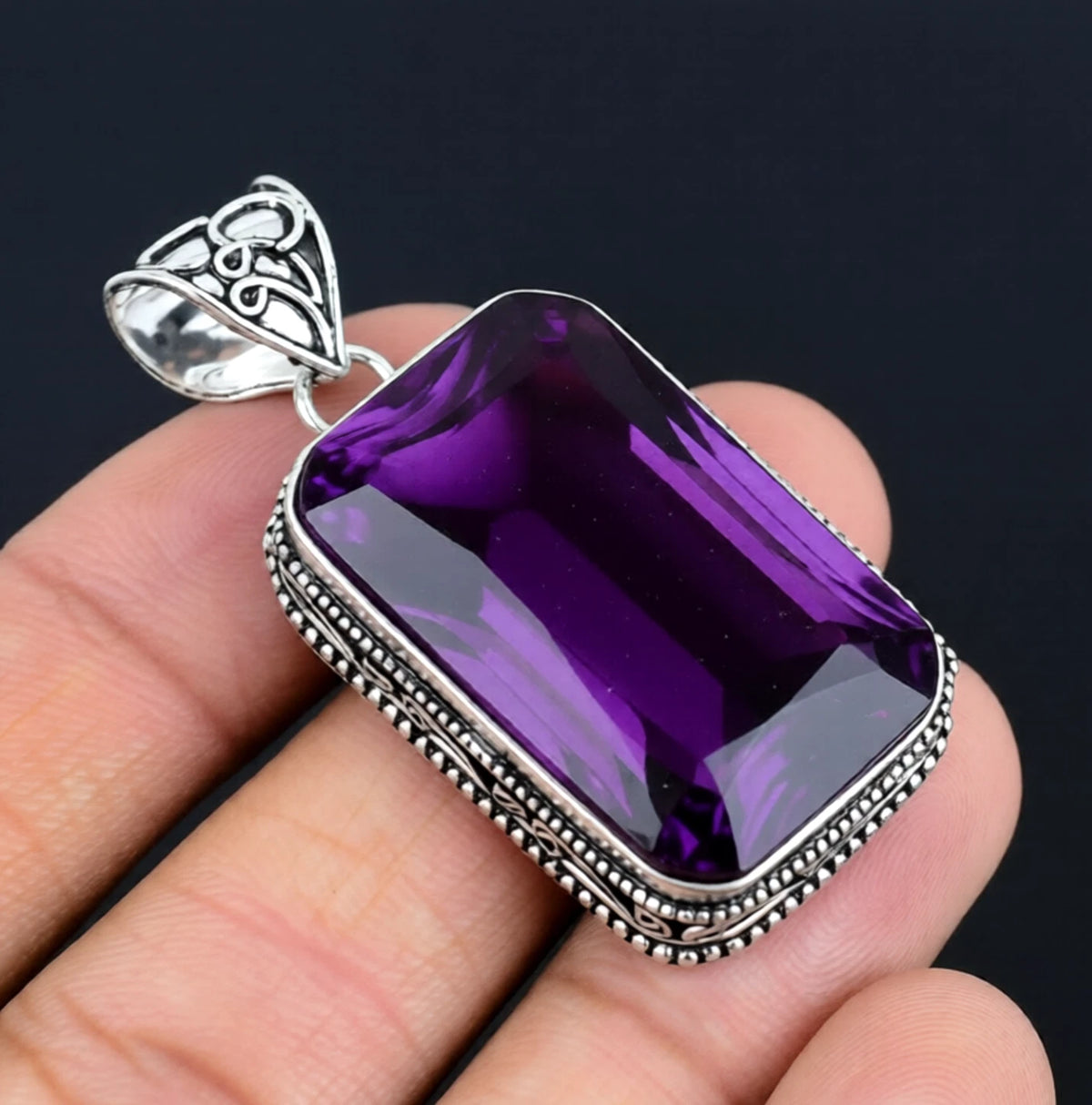 African Amethyst Gemstone Handmade 925 Sterling Silver Jewelry Pendant 2.10"
