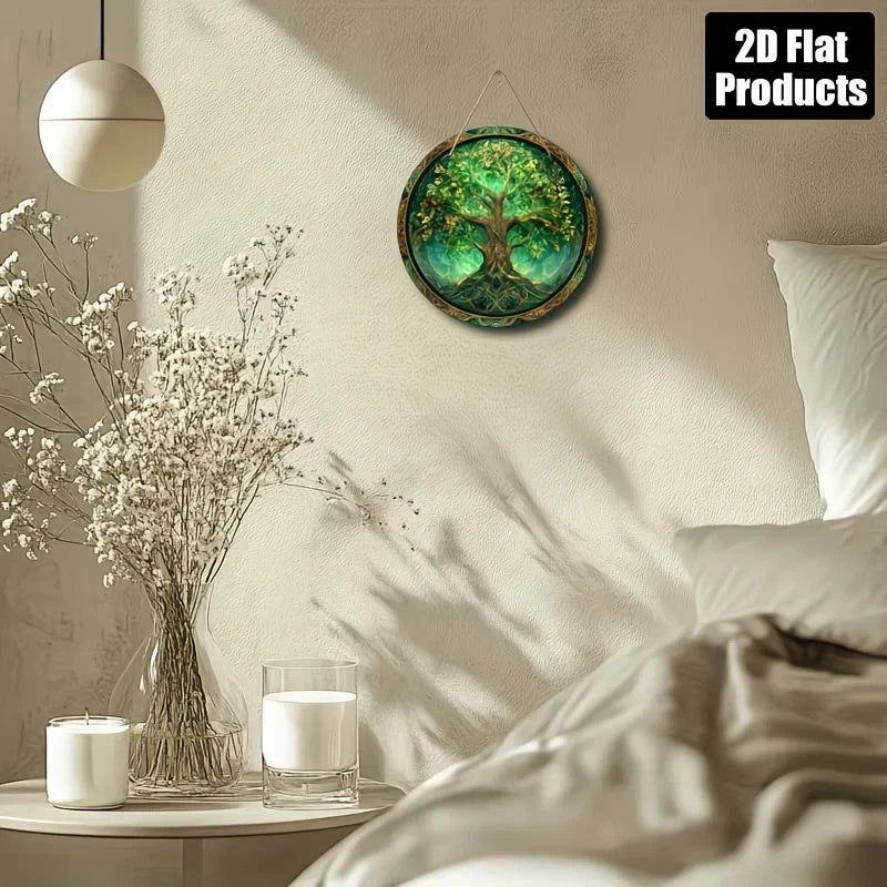 Tree of Life Wandbild Holz Rund 20cm Lebensbaum Hellgrün Wanddeko