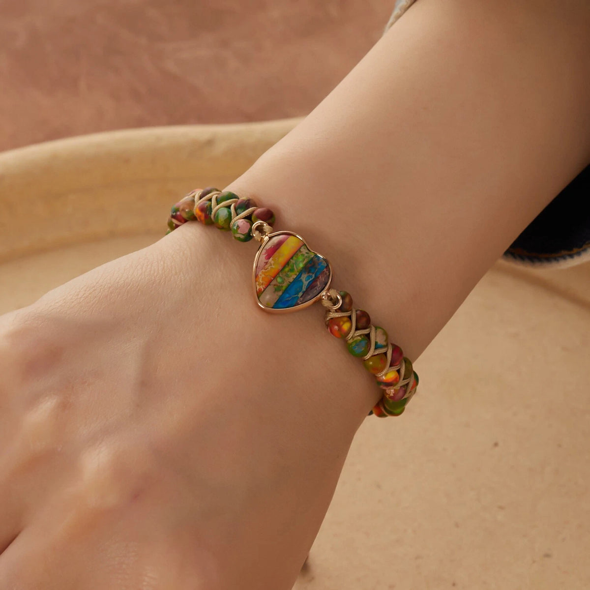7 Chakra Handmade Braided Heart Charm Sea Sediment Healing Reiki Bracelet Gifts