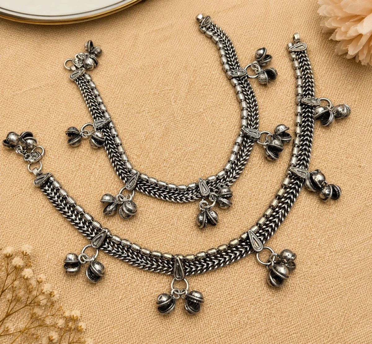 Boho Ankle Bracelet Oxidized Silver Anklet Pair | Traditional Payal with Bells