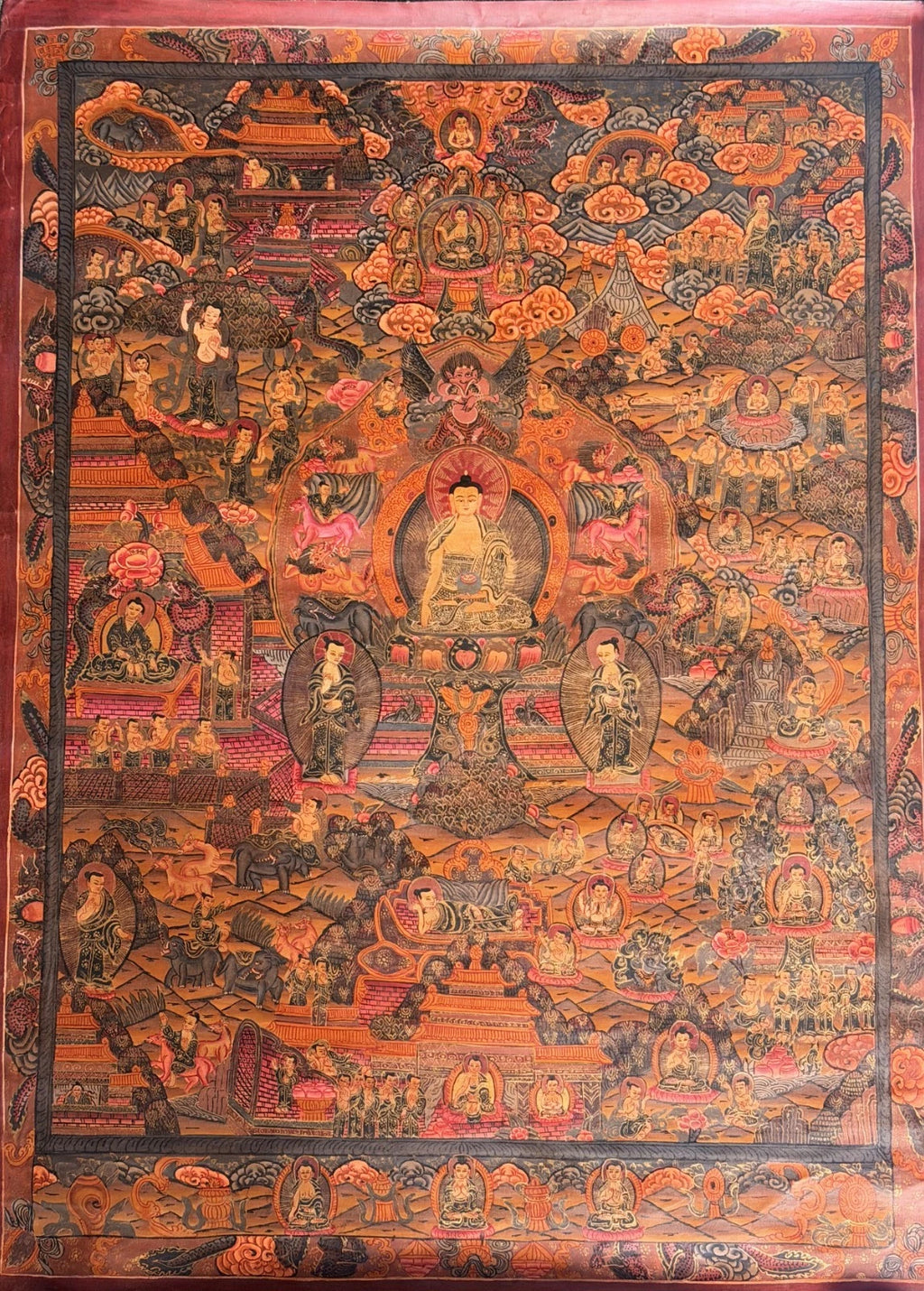 BUDDHA LIFE STORY MANDALA HAND PAINTED TIBETAN THANGKA - OIL VARNISHED ART