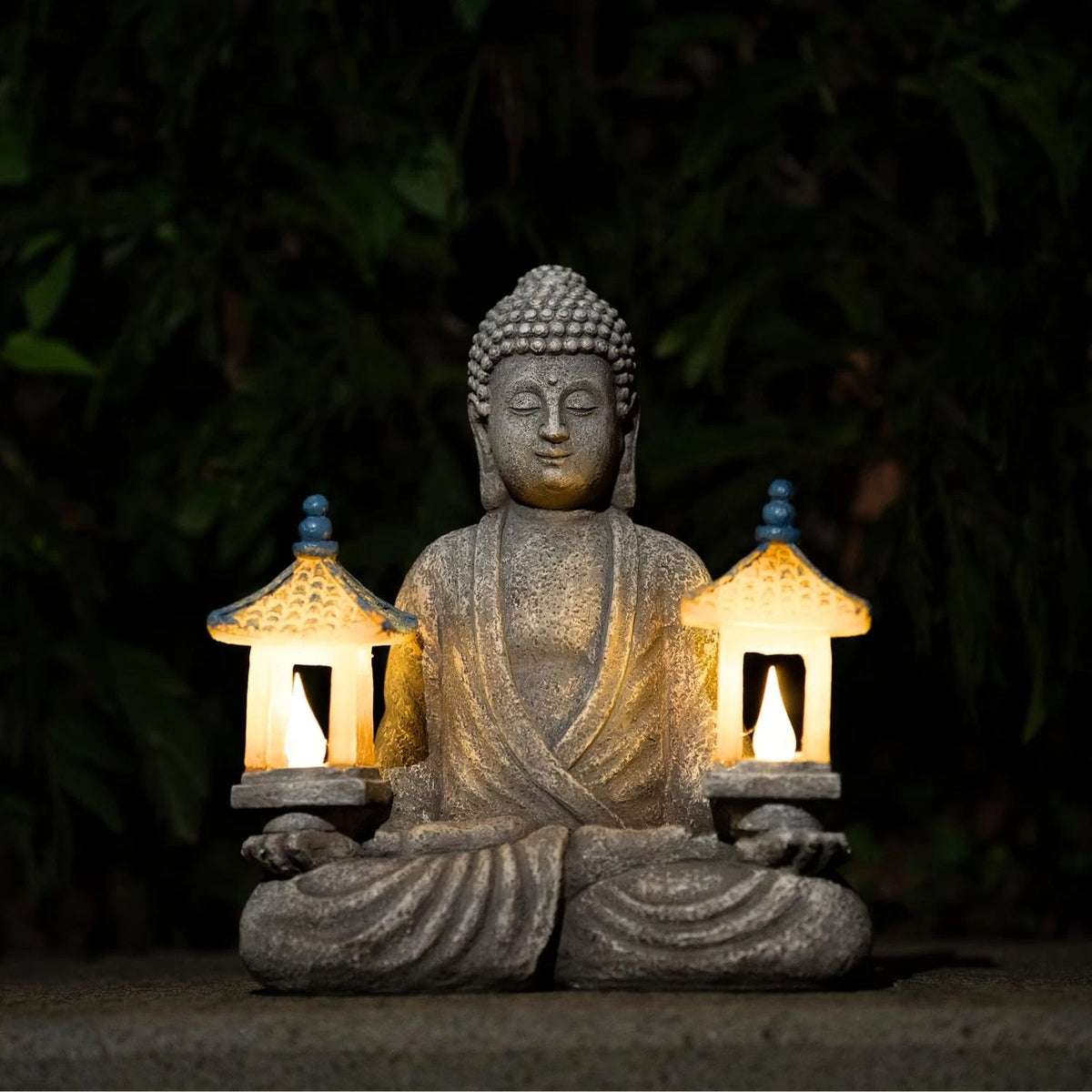 Solar Buddha Statue Zen Garden Decor Two Pavilions Textured Resin 8.46"H Outdoor