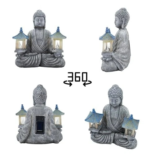 Solar Buddha Statue Zen Garden Decor Two Pavilions Textured Resin 8.46"H Outdoor