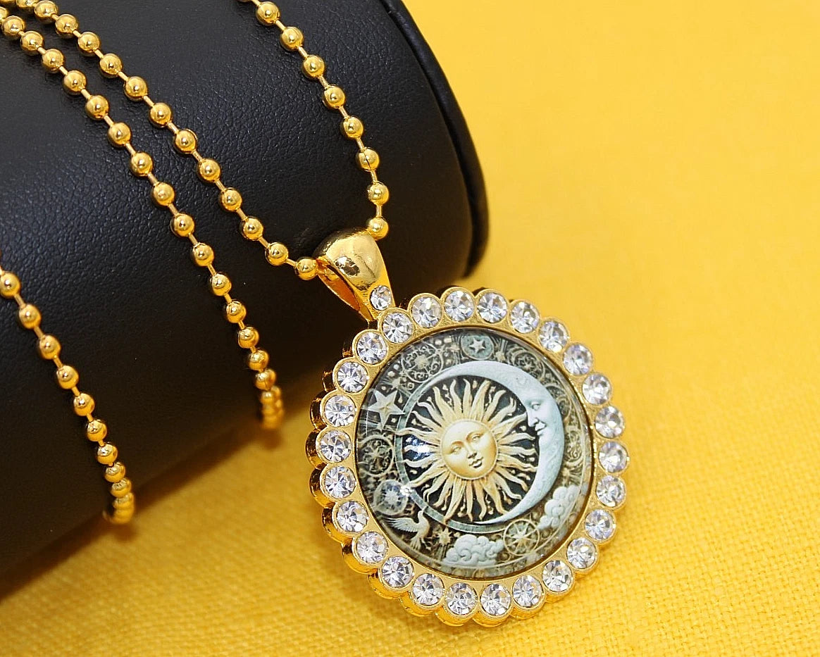 ✨ Sonne Mond Kette Gold Damen Rund Anhänger Zirkonia Boho Schmuck Geschenk 🌙✨