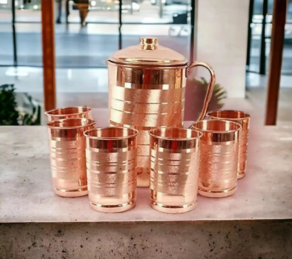 100% Reines Kupfer Wasserkrug Krug mit Becher Glas Ayurveda Vorteile 7er Set