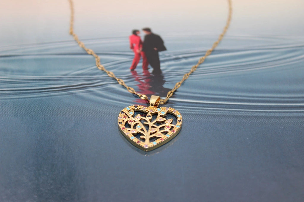 ✨ Damen Halskette Herz Lebensbaum 🌳💖 Gold Anhänger mit bunten Kristallen 💎