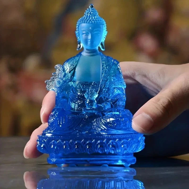 Blue Buddha Crystal Glass Sculpture Medicine Enlightenment Spiritual Statue