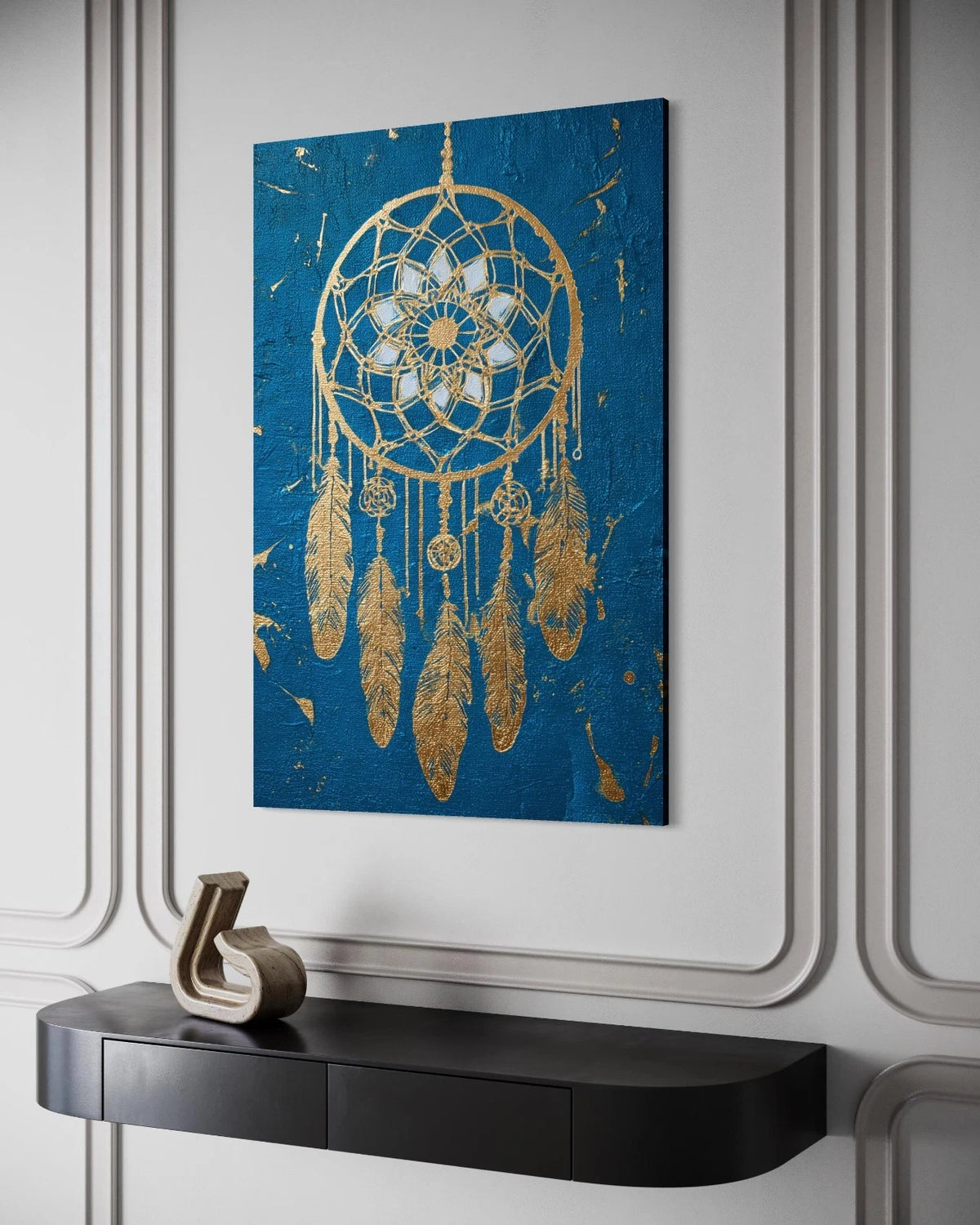 Modernes Wandbild Traumfänger Gold Blau Leinwand Bild Boho-Stil Ethno-Look Deko