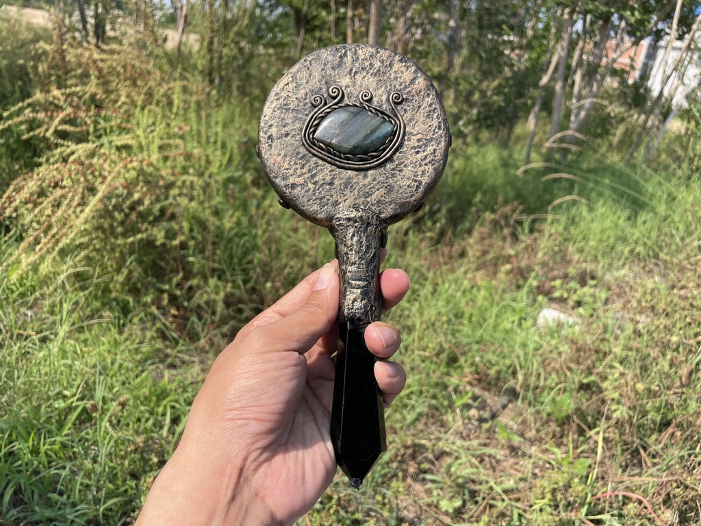 Handheld Obsidian Scrying Mirror Wand with Labradorite, Crystal Divination Tool