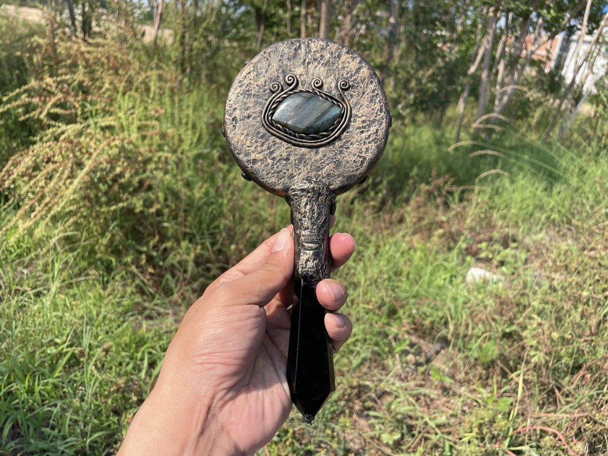 Handheld Obsidian Scrying Mirror Wand with Labradorite, Crystal Divination Tool