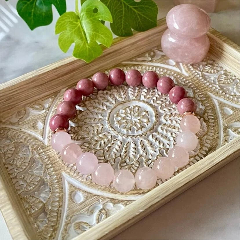 Rose Quartz &amp; Rhodonite Gemstone Beads Healing Women Bracelet for Self Love Gift