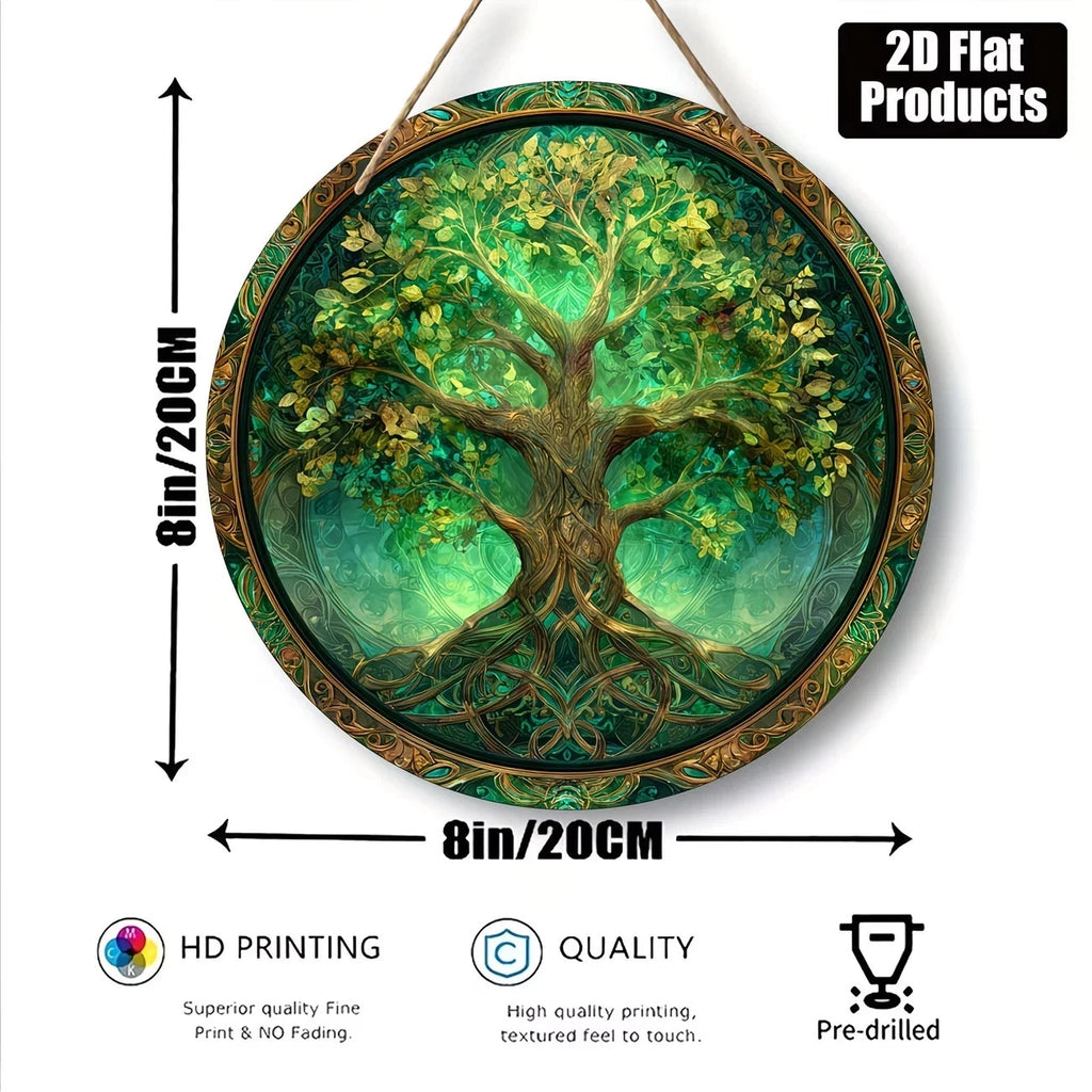 Tree of Life Wandbild Holz Rund 20cm Lebensbaum Hellgrün Wanddeko
