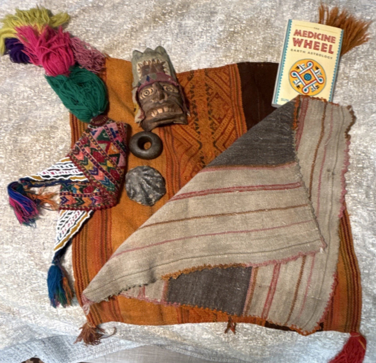 Shaman tools. Peruvian Handmade Textile, Mask, Medicine Wheel &amp; shaman tools
