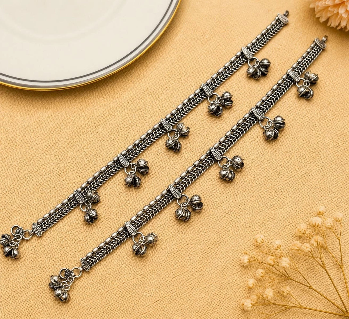 Boho Ankle Bracelet Oxidized Silver Anklet Pair | Traditional Payal with Bells